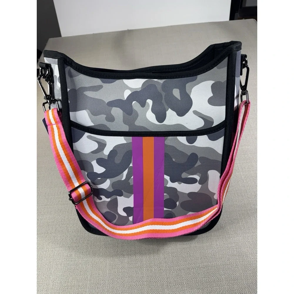 Neoprene Camo Crossbody Stripe Webbing Stripe Pink Orange Gray - NEW With Tag